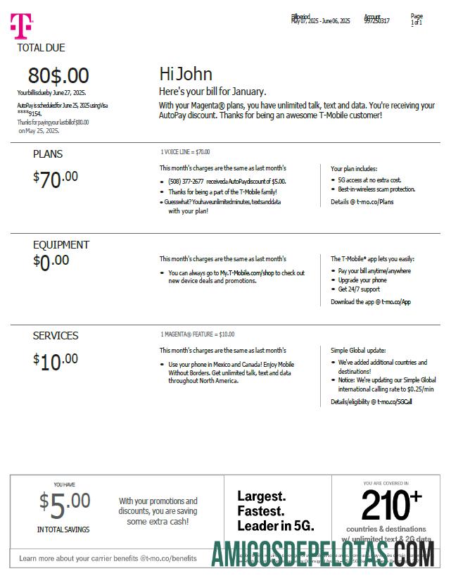 Para baixar modelo de fatura de serviços públicos móveis da USA T em formatos Word e PDF, versão 3